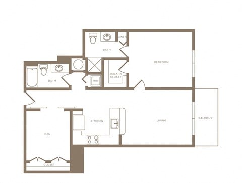 Floor plan for 1 bed, 2 baths, 1004 sqft